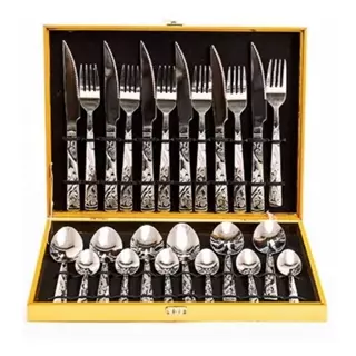 Kit Faqueiro Talheres Em Inox Com Detalhes em Dourado 24 Peças + Maleta Dourada em Oferta na Shopee