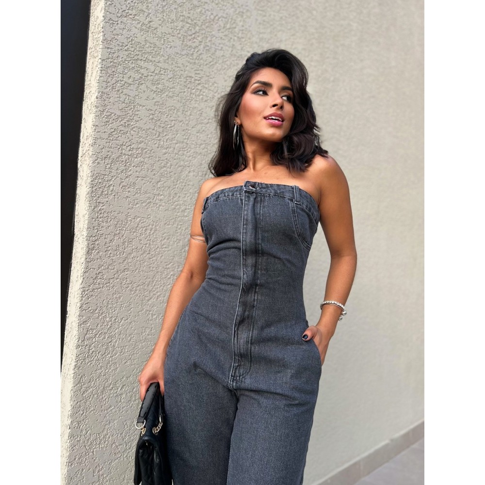 Macacão Tomara Que Caia Jeans Feminino Longo com Botões Com ziper