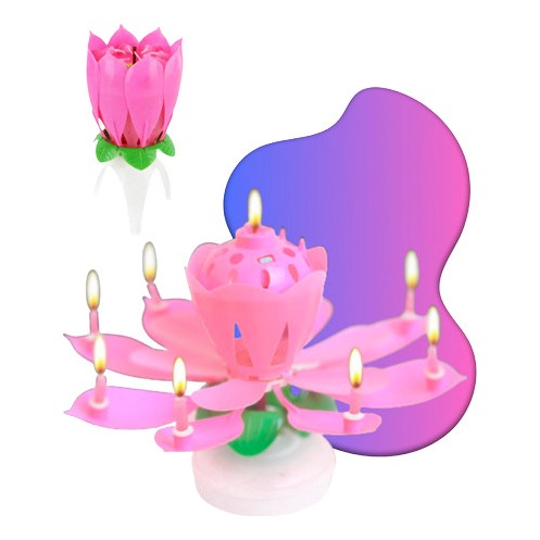 Vela De Aniversário Flor Musical Fixa Flor De Lotus Rosa
