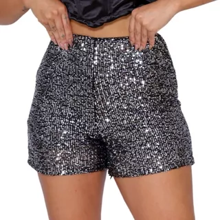 Short Bermuda Feminino Cintura Alta Paetê Balada Moda Brilho P ao GG Várias Cores