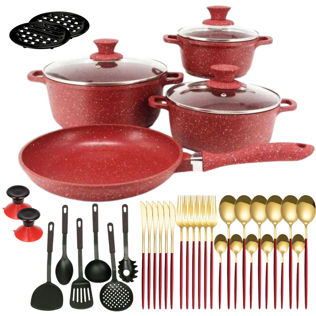 Kit Jogo de Panelas Cerâmica Vermelho 21 peças + Kit Talher Slim 24 ...