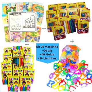 Kit 20 Cx Massinha de Modelar + 20 Cx Giz Cera + 40 Molde + 20 Livrinhos Colorir Lembrancinha Infantil