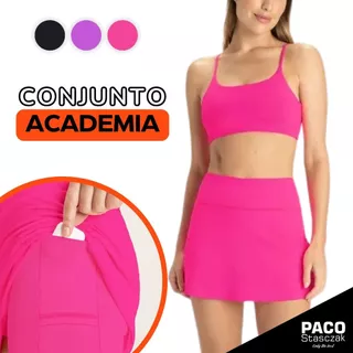 Conjunto Academia Top Nadador + Short Saia com Bolsos internos para celular/fone/chave dos 2 lados