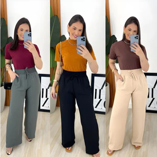 Calça Pantalona Feminina Alfaiataria com Bolso e Cintura Alta