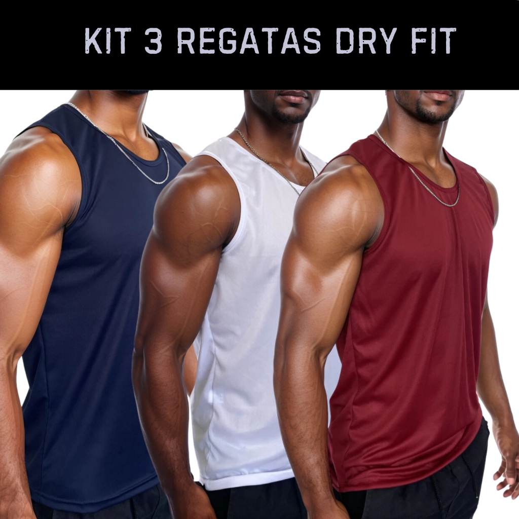 Kit 3 Regatas Dry Fit Masculina Casual Treino Academia Esportes Exercícios Corrida Cores Sortidas