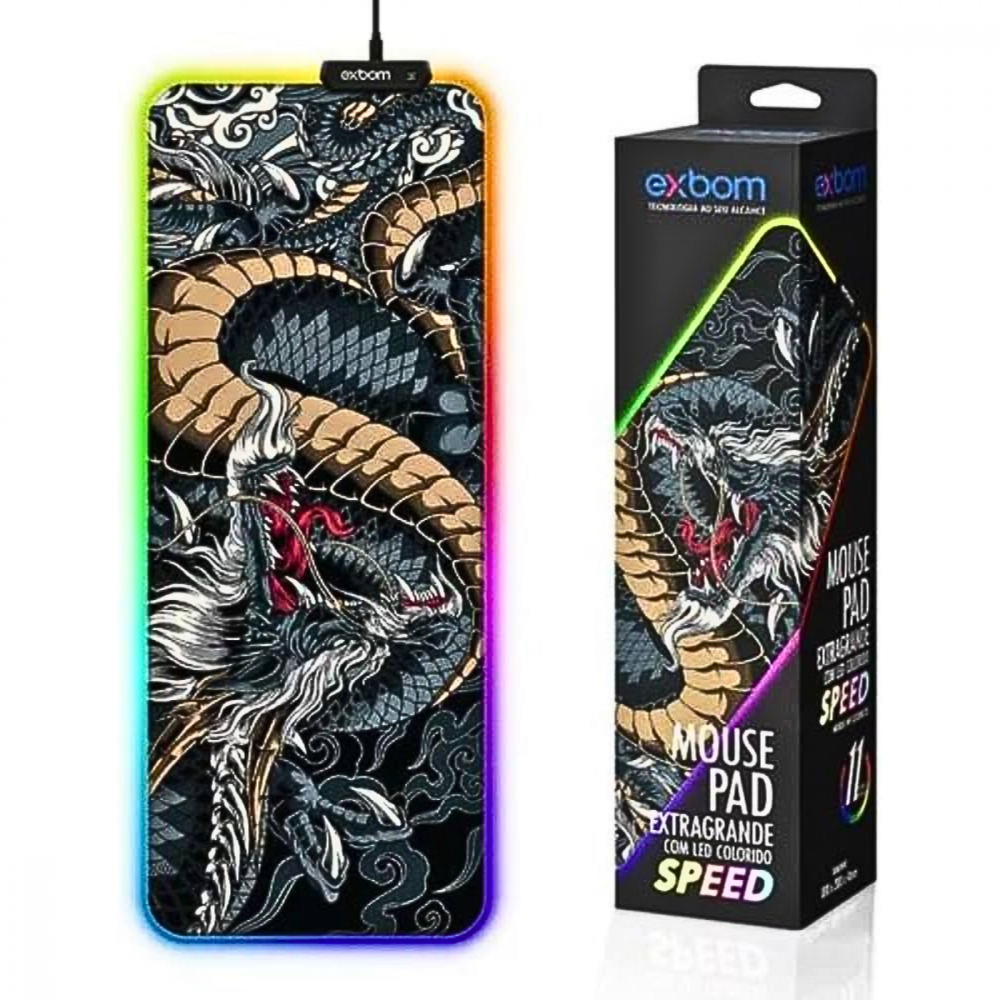 Mouse Pad Gamer Speed Extra Grande 80x30cm Dragão Azul LED RGB