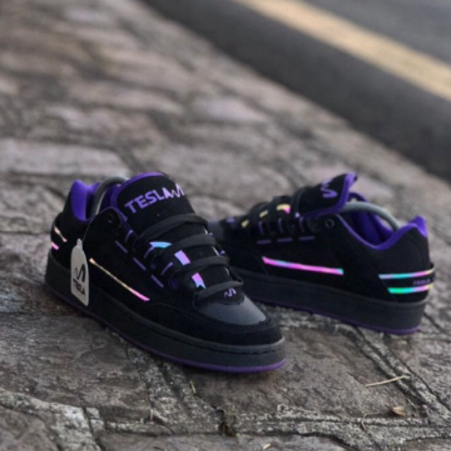 Tênis Tesla Coil Black Purple Refletivel Furta Cor Feminino Masculino Unissex Skate Skatista Lançamento Envio Imediato