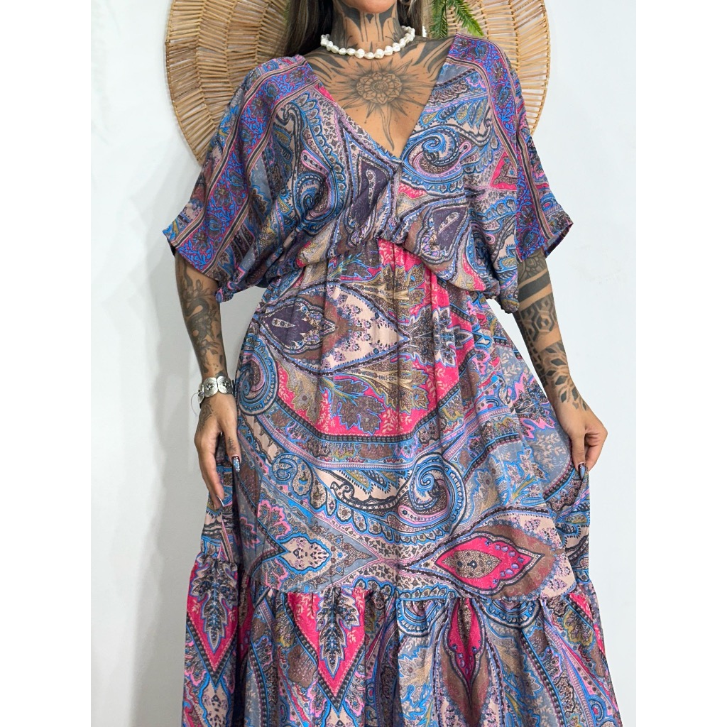 Vestido Manga morcego ESTAMPADO longo feminino ideial para festa ...