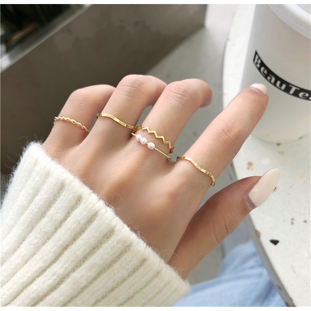 Kit 5 Anel De Perola Delicado Feminino Dourado E Prata | Shopee Brasil