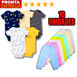 Kit 10 Peças Roupinha de Bebê Body Curto Estampado e Mijão Infantil