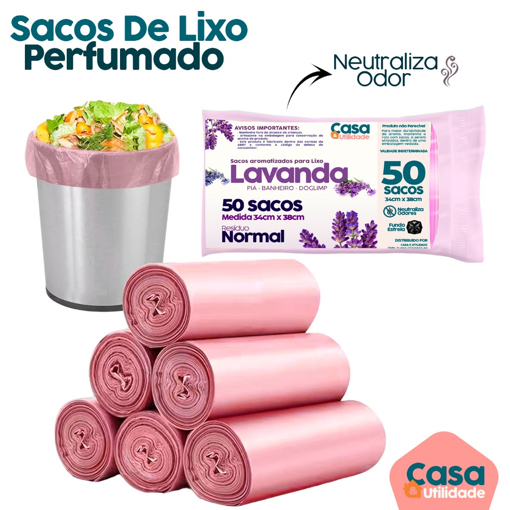 Sacos de Lixo Perfumado Pia Banheiro Cozinha Anti Odores Neutraliza Lavanda 10 Litros c/ 50 Unidades