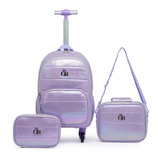 Kit Mochila De Rodinha Escolar Feminina Resistente