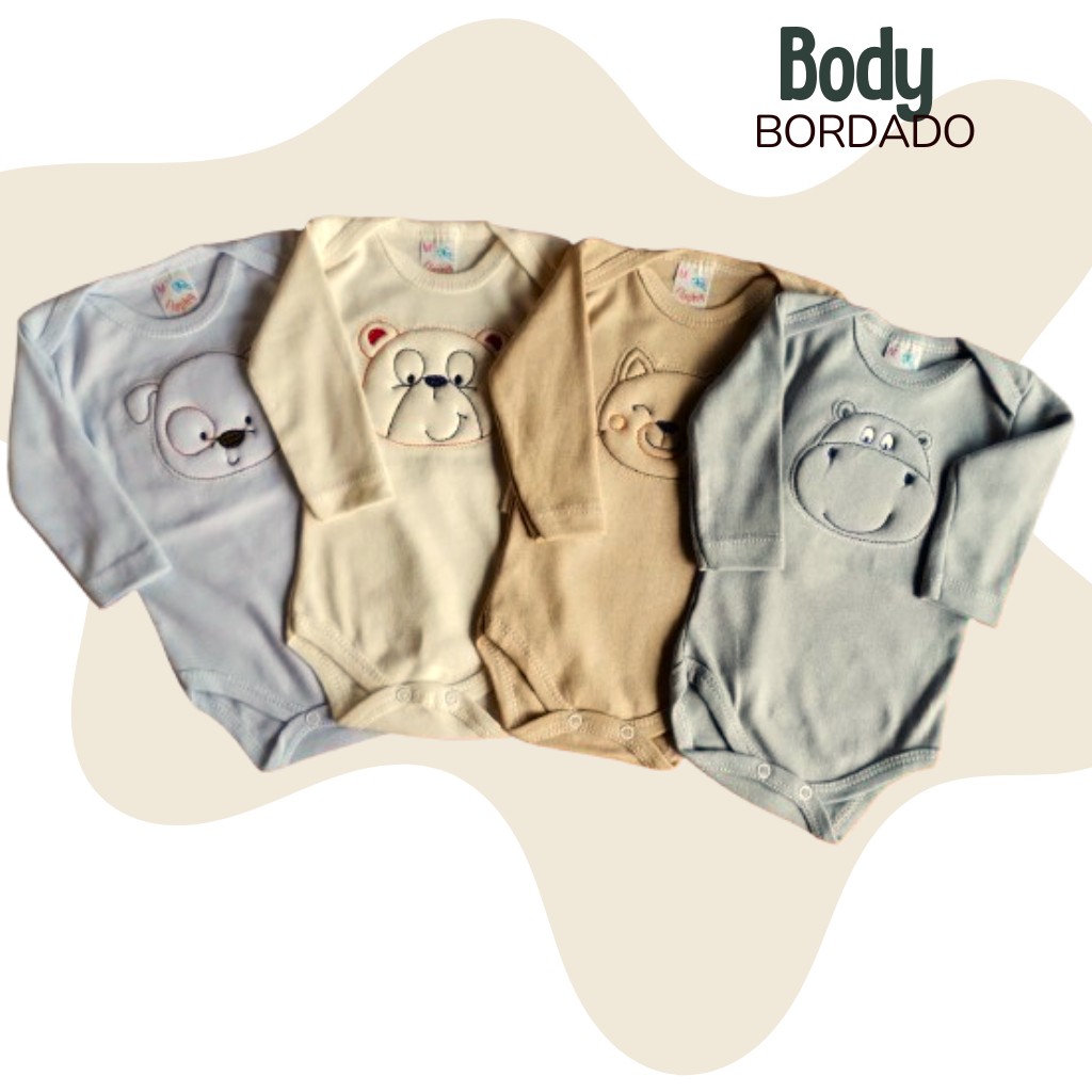 4 Unidades Body Bordado De Bebê Manga Longa Infantil Cores Lisas Menino Menina
