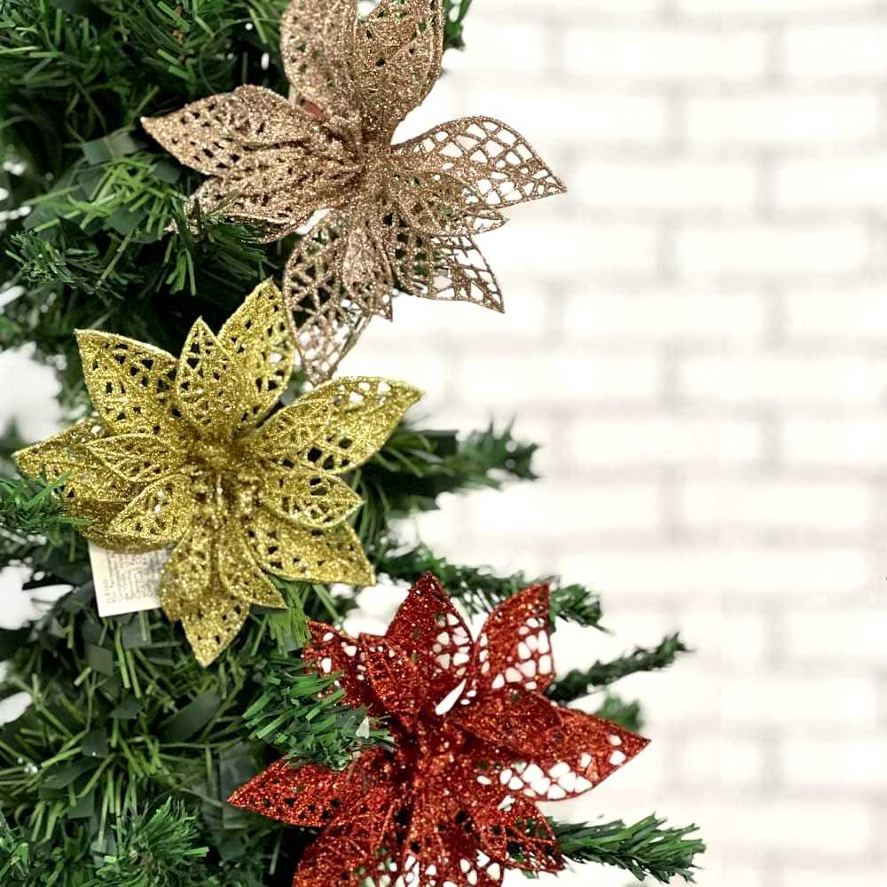 Enfeite Flor de Natal com Glitter 20cm Decoração Natalina