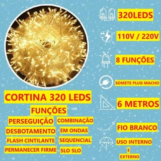 Cortina 320 Leds 6M Bivolt 110 E 220V 8 Funções Pisca Pisca Decoração Natalina Luzes Fio Branco em Oferta na Shopee