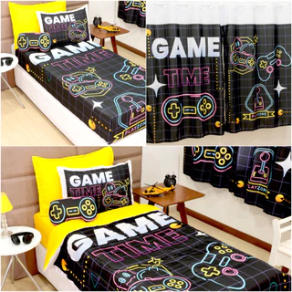 KIT Edredom Infantil Menino Gamer 03 Peças - Solteiro / Cortina Gamer - 100% Poliéster