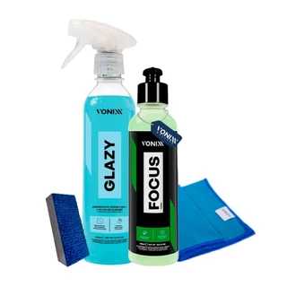 KIT PARA VIDROS VONIXX- FOCUS 240ML + GLAZY 500ML + TACO P/ DESCONTAMINAÇÃO + PANO P/ VIDROS VONIXX