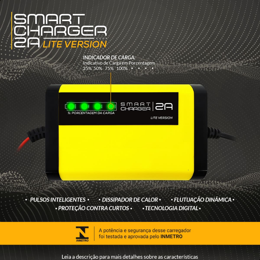 Carregador de Bateria Automotivo Smart Charger 2A Lite Digital 12V  Indicador de Carga Moto Carro