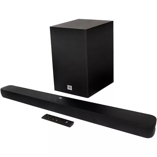 Soundbar JBL Cinema SB180 preta com subwoofer e controle remoto