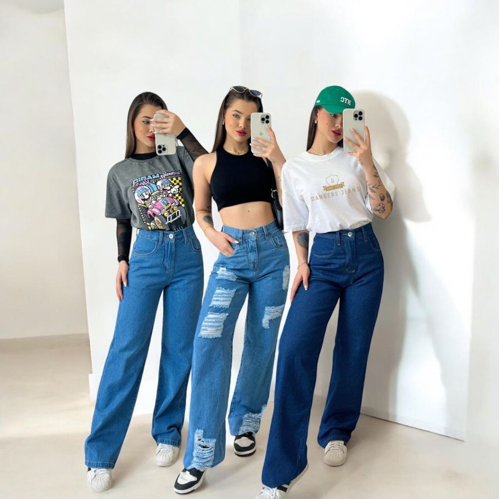 Kit Calça Wide Leg Jeans Feminina Cintura Alta Sem Lycra