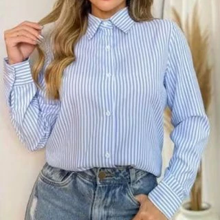 Camisa feminina manga longa social listrada risca de giz moda feminina