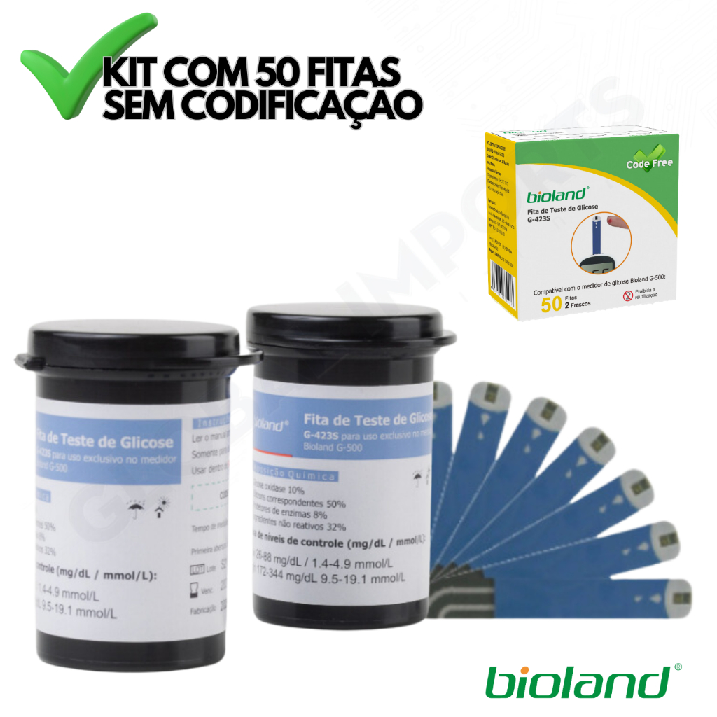 Fita De Glicose Reagentes Teste Medir Glicemia Bioland 50 Tiras