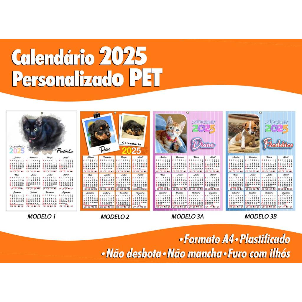 Calendário 2025 de Parede Personalizado Pet Plastificado A4 com Ilhós