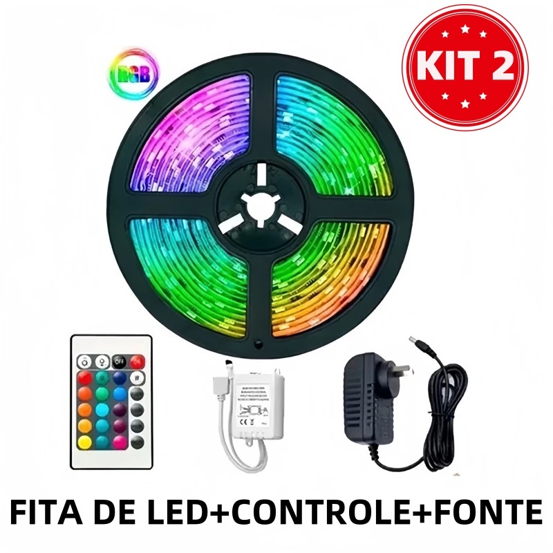 KIT 2 Fita Led Rgb 3528 Colorida 5m + Controle+Fonte 300 Led Decoração Casa Loja Gesso Teto Sanca Vitrine