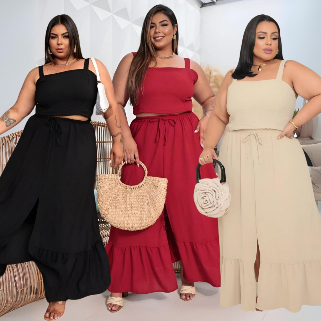 Conjunto Feminino Plus Size Saia Longa Fenda Tres Marias Blusa
