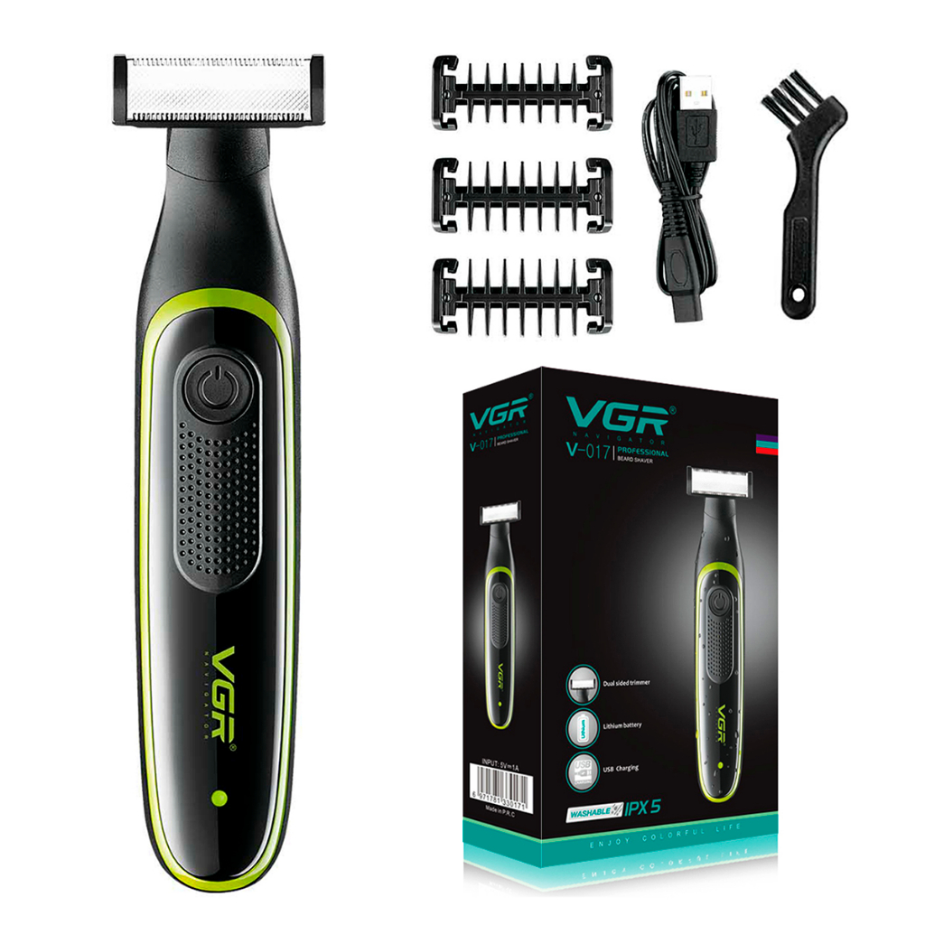 Barbeador Shaver Profissional VGR OIV-017 Shave Duas Faces Display Led Verde Sem Fio Kit 3 Pentes