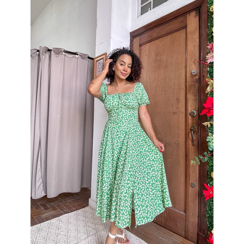 vestido corset P ao G1 plus size romântico camponesa manguinha corserlet  amarracao midi