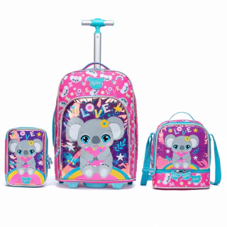 Kit Mochila Rodinha Coala Feminina Juvenil Infantil Escolar Lancheira Térmica Estojo Organizador