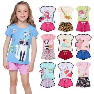 Kit Sortido Interativo 10 Peças de Roupas Infantil Menina Verão (5 Camisetas + 5 Bermudas) Kit 5 Conjuntos Infantil