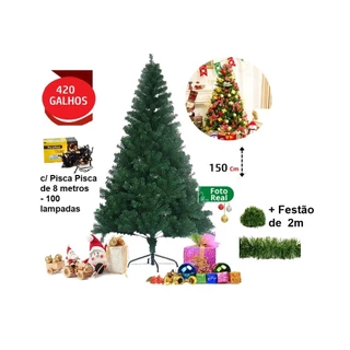 Árvore de Natal 1,50m 420 Galhos Cheia + Pisca Pisca 8m + Festão de 2m Base de Ferro