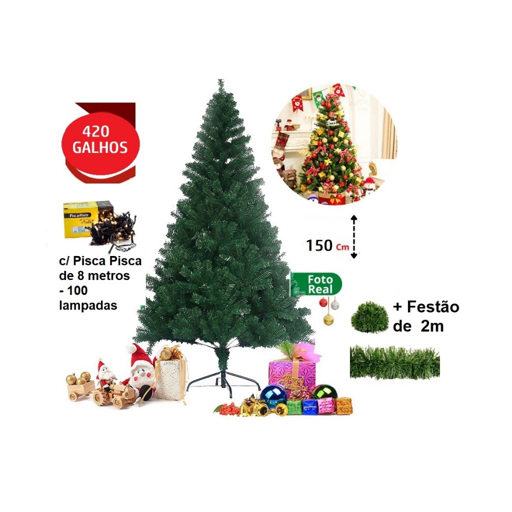Árvore de Natal 150cm 420 Galhos + Pisca Pisca 8m + Festão2m Decoração de Natal