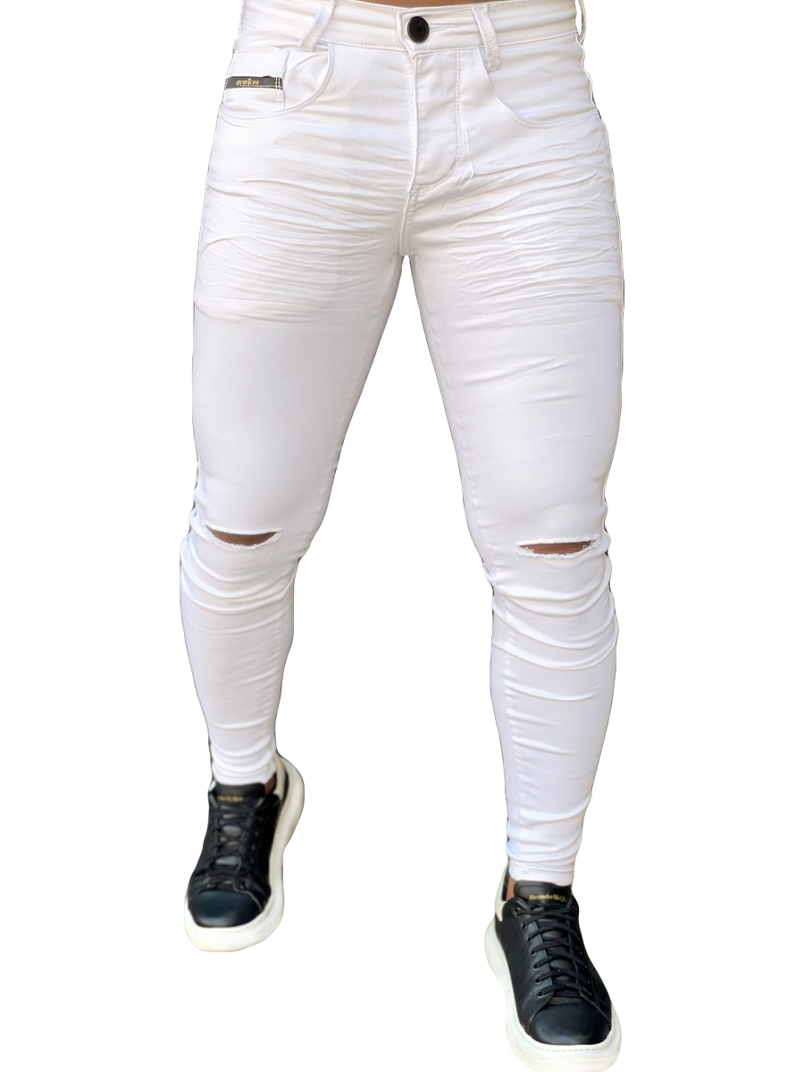 Calça Branca Skinny Corte No Joelho Destroyed Codi Jeans Masculina