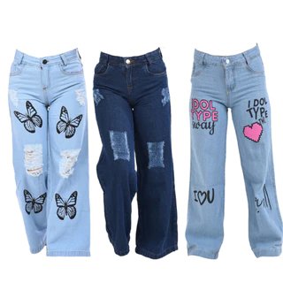 Kit 3 Calças Jeans Menina Wide Leg Infantil e Juvenil