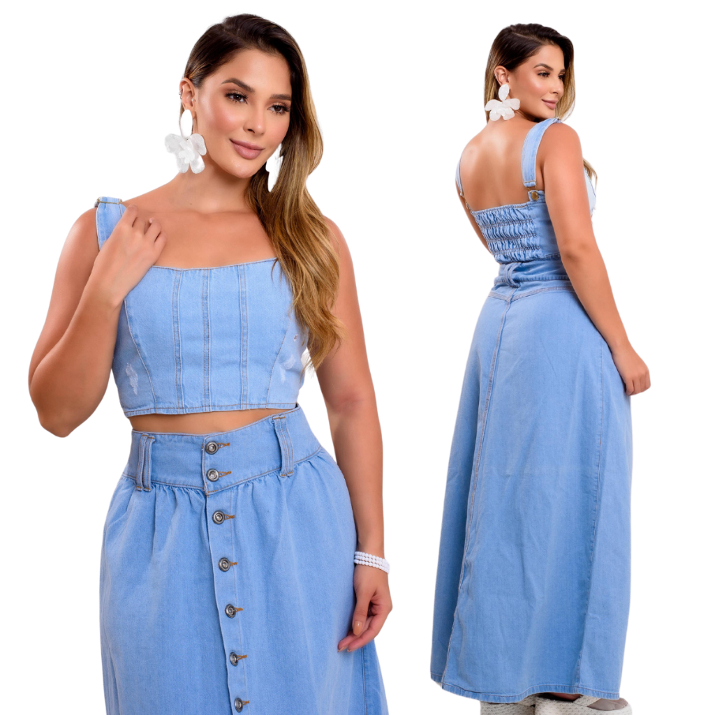 Conjunto jeans saia longa cintura alta e cropped 100% algodão sem ...