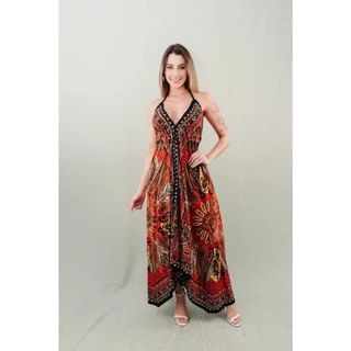 Vestido Indiana Lenço Longo Bordado Feminino Adulto Viscose