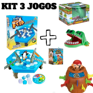 Kit 3 Jogos Infantis Crocodilo + Pirata + Pinguim Morde Dedo Pula Barril Quebra Gelo Brinquedos