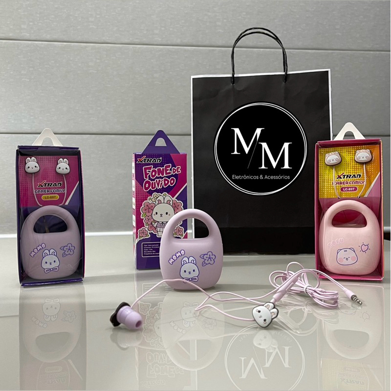 Kit Fone Ouvido com fio + Bolsa infantil Family da Xtrad Fofu 1Unidade