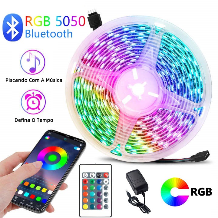 Fita Led 5050 Super Led Ultra RGB 5M/10M/15M Com APP Controle Rolo Auto Adesivo Para Decoração Quarto