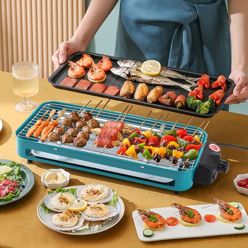 2 em 1 Churrasqueira Elétrica Interna Exterior Sem fumaça Grelhador de Mesa Portátil Grelhas Churrasco -WLA-8186