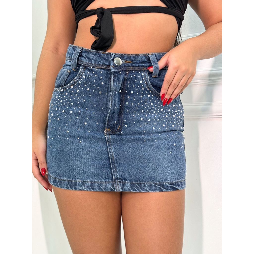 Mini Saia Jeans com brilho feminino cintura alta sem lycra