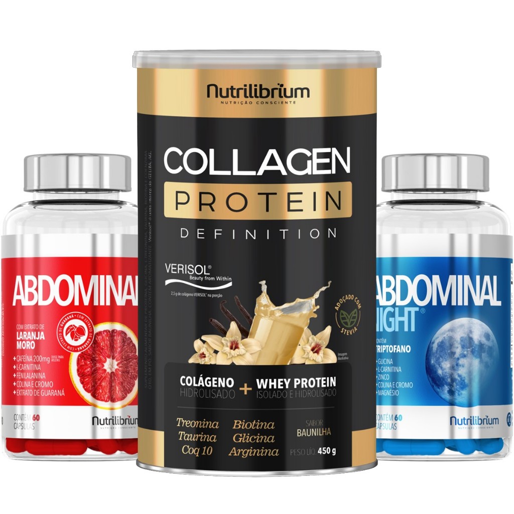 Colágeno Protein Definition 450g + Kit Abdominal Dia E Noite 120 Caps ...