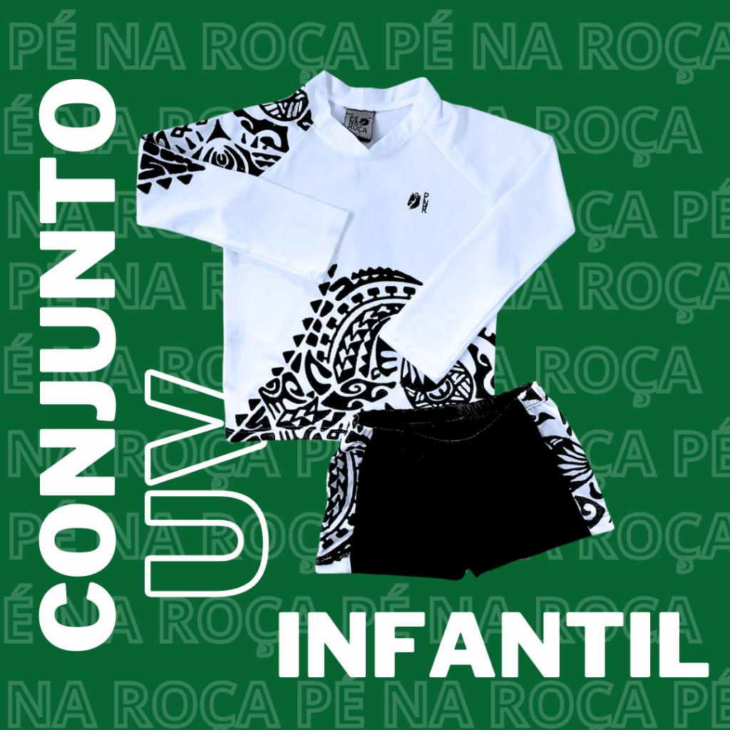 Kit infantil 2 peças Blusa com proteção solar e sunguinha estampa tribal diversas cores Pé na Roça