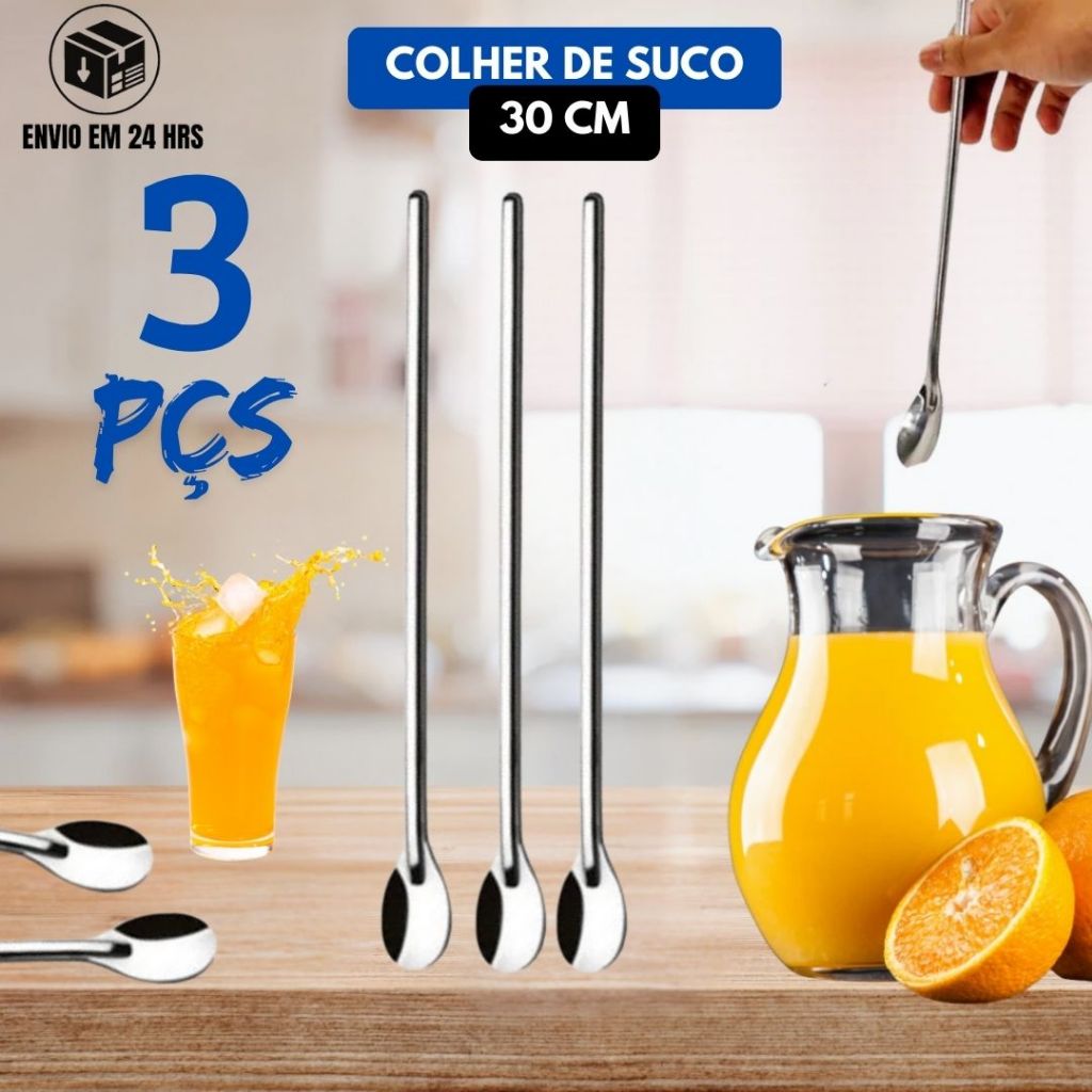Kit 3 Peças Colher Bailarina de Suco em Inox 30cm Linha Premium Sucos Drinks Bebidas em Geral