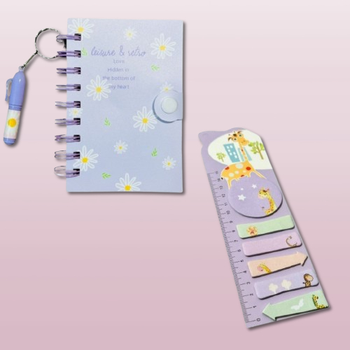 Kit Papelaria Fofa Criativa, Régua Marca Página + Caderno De Anotações Com Caneta