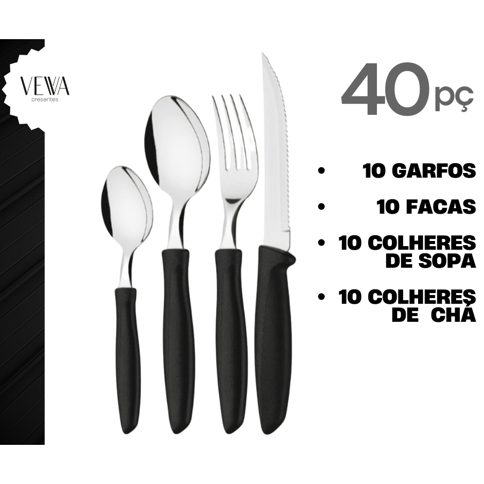 Kit 40 Talher Preto Inox Premium Cabo Plástico Mesa Cozinha | Shopee Brasil