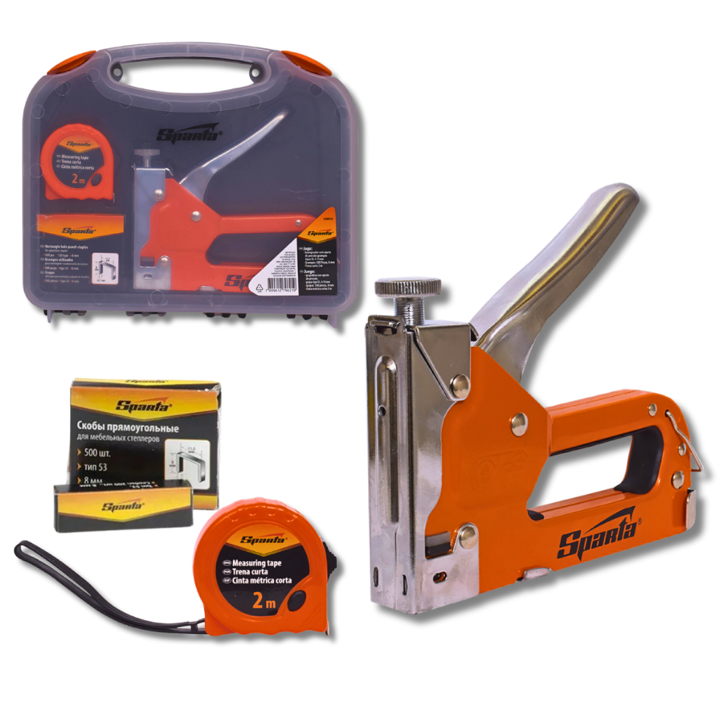 Grampeador Tapeceiro de Alta Pressão Maleta 500 Grampos e Trena 2 Metros - Sparta